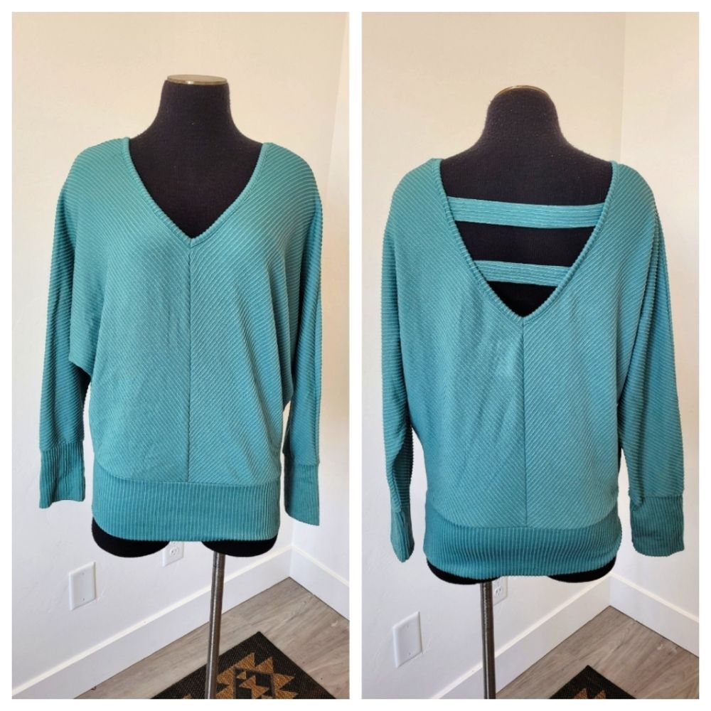 JustBe Green Ribbed Casual Shirt Top Strappy Cozy Gypsy Loungewear Soft Girl 1X